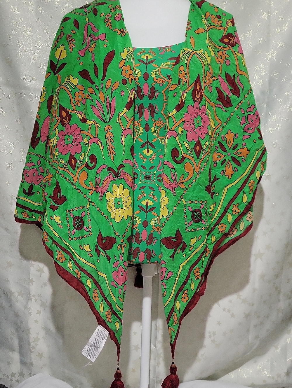 Tory Burch Women's XS Green Folk Art Print One Piece With Matching Wrap Scarf